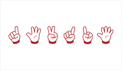 Six cartoon hands showing numbers one through five and a high five gesture in red outline on white background
