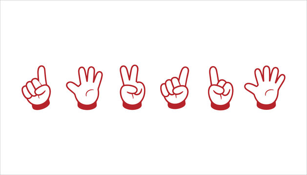 Six cartoon hands showing numbers one through five and a high five gesture in red outline on white background