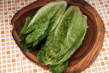 Fresh romaine lettuce on wooden cutting board, ready to eat and green grass, Romaine is a variety of popular lettuce