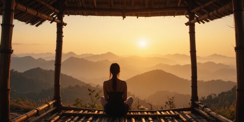 Warm wooden porch orange balcony back cliff mountain asian adult woman alone adventure travel behind. woman sitting extending high mountain cliff.