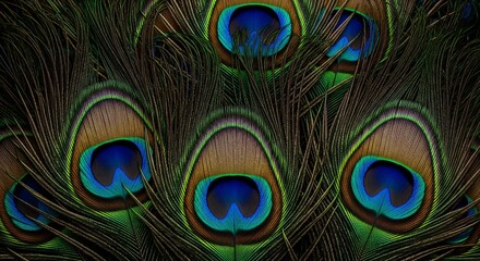 Obraz premium Close-up of colorful peacock feathers with eye-like patterns.