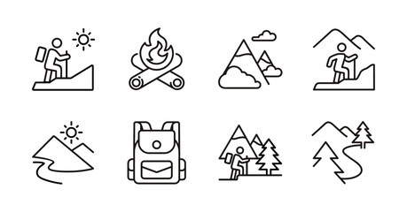 Mountain hiking outdoor exploration icon line set. Nature camping survival wilderness forest adventure, trekking, journey, landscape, backpack, campfire, explore signs vector outline illustration