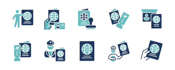 Personal international identification passport document icon set. Global travel hand holding visa book immigration legal citizenship security pass signs two colors style vector illustration