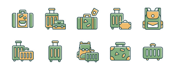 Set of travel bag packing suitcase icons. Journey carry weight baggage and luggage trip briefcase symbol vector illustration