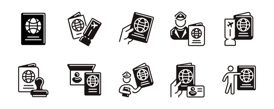 Hold holding passport document icon unique style vector set. International personal identification immigration visa pass, global travel, border security, and more signs illustration