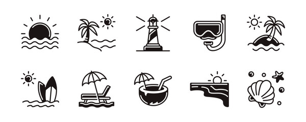 Collection of tropical beach summer vacation icon unique style set. Coastal sunset ocean wave, mediterranean sea, coconut, dive mask, surf, lighthouse, chair and umbrella signs vector illustration