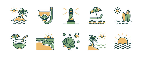 Simple tropical summer beach vacation icon set coastal sea sunset with ocean wave and palm tress, coconut, lighthouse, chair and umbrella, mediterranean beach travel signs vector illustration