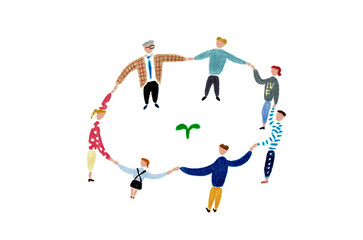 手描きイラスト　双葉の周りを囲み、手をつなぐ人々