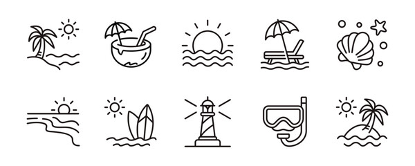 Summer tropical beach vacation icon line set. Coastal sunset ocean wave, dive mask, surf board, chair, palm trees, light house, mediterranean sea signs outline vector illustration