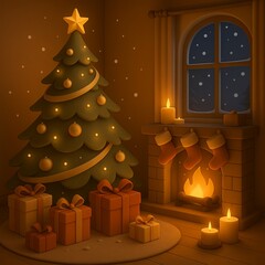 An intimate living room on Christmas Eve with a softly glowing tree, layered wrapped presents, stockings, and a window showing falling snow. Clean 3D shapes with realistic material cues