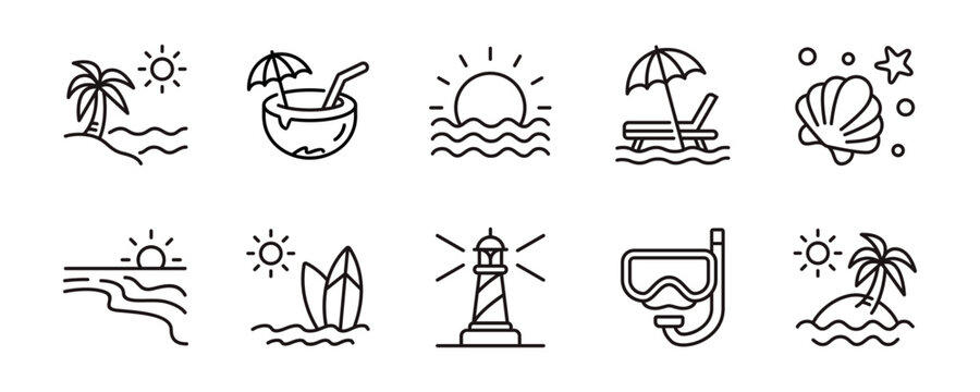 Summer tropical beach vacation icon line set. Coastal sunset ocean wave, dive mask, surf board, chair, palm trees, light house, mediterranean sea signs outline vector illustration