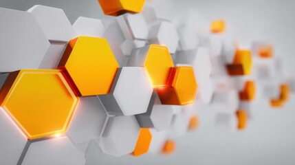 Abstract geometric design featuring orange and white hexagons creating a modern pattern with depth and dimension suitable for technology and innovation themes.
