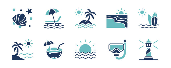 summer beach icon set tropical coast ocean wave with palm trees, coconut, light house, dive mask, surf board, sea sunset signs two colors style vector illustration