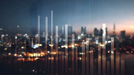 Abstract bar graph overlaid on a blurred city skyline at twilight representing financial growth and urban data analysis