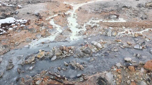 4K Static shot of a small geothermal stream in Hell Valley