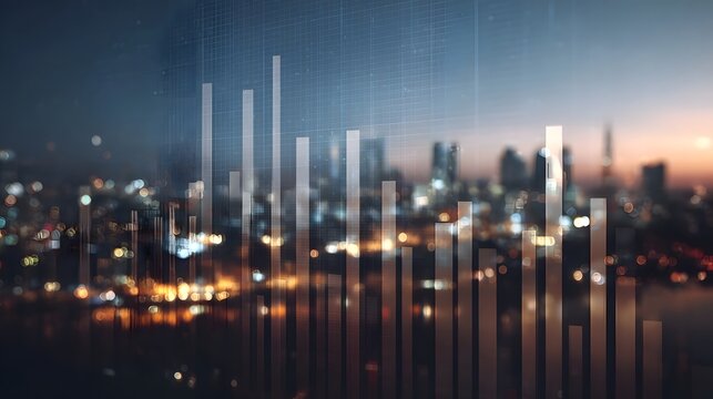 Abstract bar graph overlaid on a blurred city skyline at twilight representing financial growth and urban data analysis - Powered by Adobe