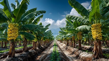Rows of ripe yellow bananas hanging from trees in a lush tropical plantation under a bright blue sky.