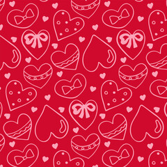 Red seamless pattern with hand-drawn hearts and bows. Love and romance concept for decorating and wrapping gifts for Valentine's Day, weddings, or anniversaries.