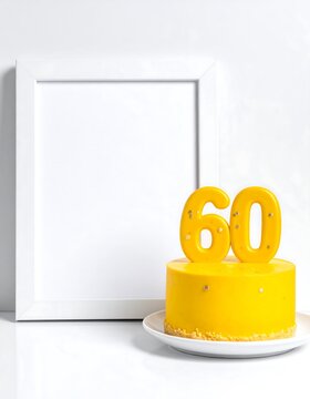 Birthday cake with number 60, next to a blank white frame, on a white surface