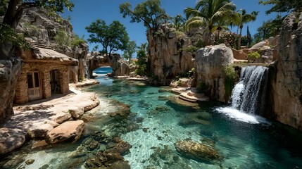 Serene tropical lagoon with a cascading waterfall crystal clear turquoise waters, rocky cliffs, and a stone grotto,