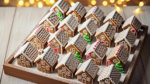 Gingerbread christmas cookie tray baking holiday food dessert homemade winter cozy mini gingerbread house display with decorated miniature houses