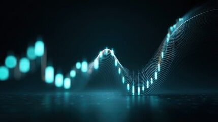 Abstract digital background featuring glowing wave patterns and fluctuating lines representing data analysis, modern technology, and financial growth concepts