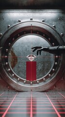bank vault robbery: gloved hand reaching for diamond on red pedestal amid laser grid and floor sensors