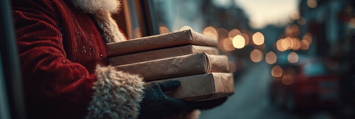 modern Santa delivering wrapped parcels on urban street at night, close-up of coat and hands holding gifts with festive bokeh