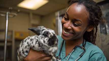 veterinarian smiling while holding a spotted lop rabbit during clinic checkup &mdash; pet care exam for small animals in veterinary office