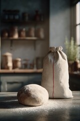 Flour bag with subtle red stripe beside dough boule on light stone countertop, morning backlit rustic kitchen baking scene