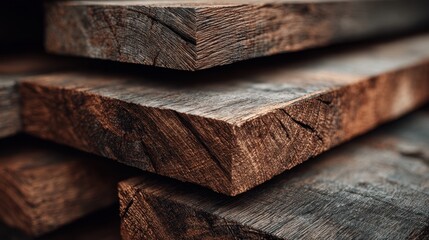 manufacture wood close-up low-angle of stacked rough-sawn hardwood planks with oil-finished matte surfaces, pronounced grain and crisp edge detail