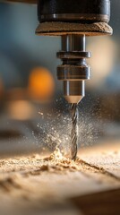 close-up of CNC router drilling a wooden panel with flying sawdust, manufacture wood workshop and precision milling process