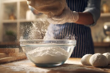 baker sifting flour from a burlap flour bag into a glass mixing bowl with dough balls on wooden counter, rustic kitchen scene