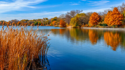 Serene lake surrounded by vibrant autumn foliage, with golden reeds in the foreground reflecting on the calm water, creating a picturesque natural landscape scene