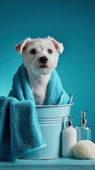 small white terrier in blue bath bucket wrapped in turquoise towel with grooming bottles and sponge, pet care studio portrait