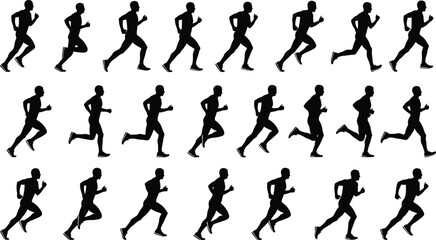 Silhouette sequence of running man illustrating jogging, sprinting, athletic motion, fitness training, exercise movement, sports activity, and dynamic runner poses for design