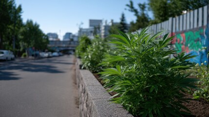 Urban Gardening with Cannabis Planters Alongside City Streets in Bright Daylight
