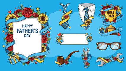 Happy Father's Day greeting card with decorative elements and gifts on a blue background