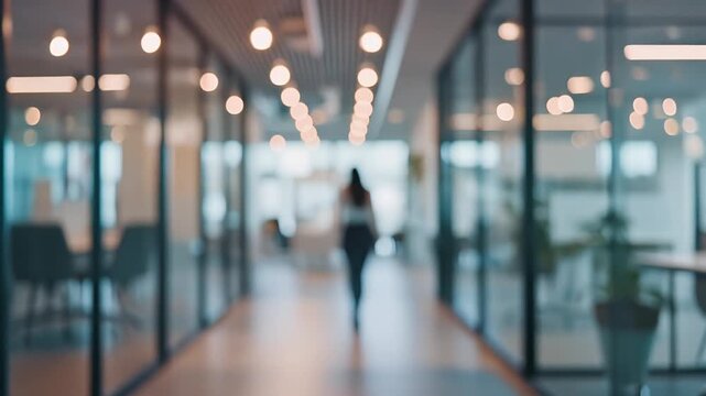 Blurred modern corporate office background with bokeh lights, out of focus busy workspace atmosphere, business concept, seamless loop.