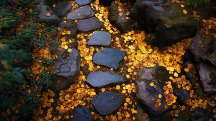 Stone path partially hidden by golden leaves captured from overhead sharp highlighting natural edges balanced exposure creating tonal