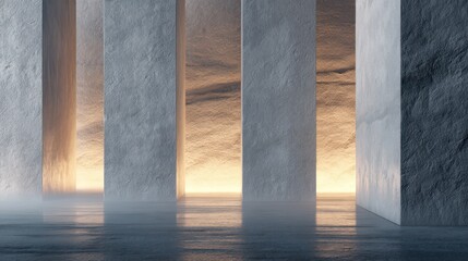 Stone-textured vertical panels aligned asymmetrically subtle relief illuminated by angled studio light shadows crisply cast for depth realism