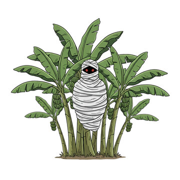 illustration of a pocong ghost in a banana tree garden, with a white background.