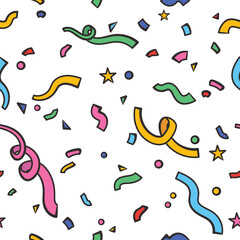 Doodle colorful confetti seamless pattern - curls, circles, stars. Vector illustration isolated on white background