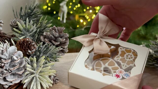 Person tying a ribbon on a christmas gingerbread cookies gift box