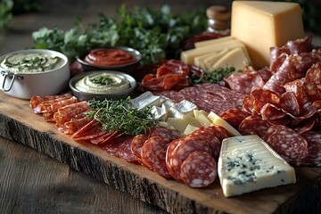 Wooden plank serving a lavish charcuterie assortment, with fresh herbs, dips, and an array of gourmet cheeses, set on a rustic table.