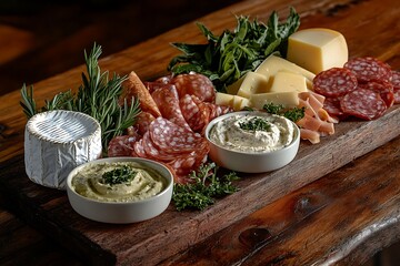 Wooden plank serving a lavish charcuterie assortment, with fresh herbs, dips, and an array of gourmet cheeses, set on a rustic table.