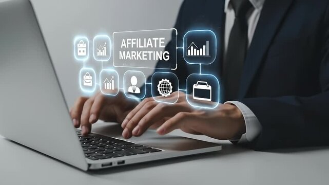 Affiliate Marketing Concept Man in Suit Typing on Silver Laptop with Business Graphics on Light Gray Background