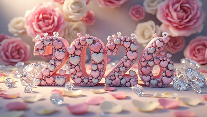 Romantic Glitter 2026 Typography with Pink Roses, Hearts and Sparkling Diamonds