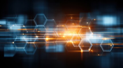 Abstract futuristic technology background featuring glowing hexagonal shapes and dynamic light streaks in dark blue and orange tones