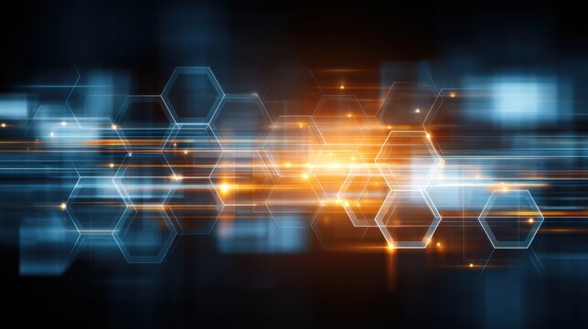Abstract futuristic technology background featuring glowing hexagonal shapes and dynamic light streaks in dark blue and orange tones - Powered by Adobe